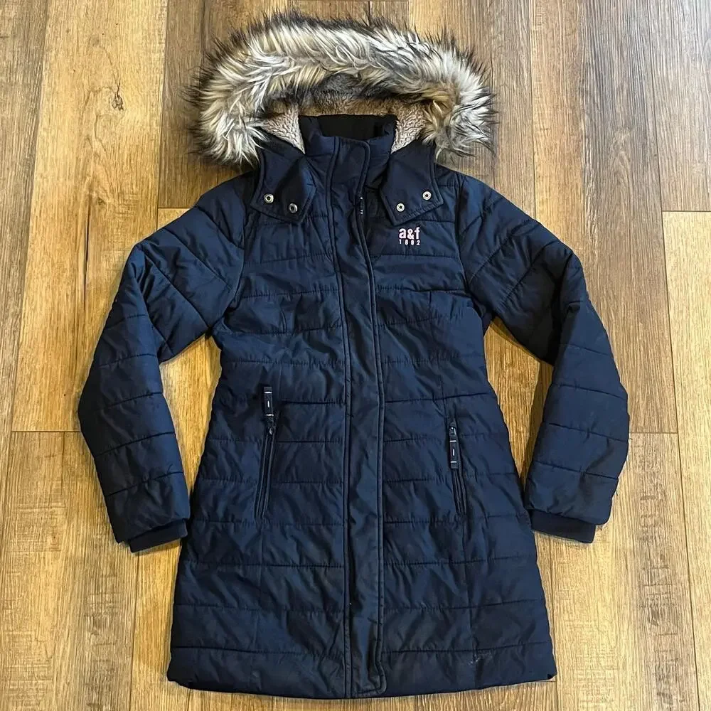 VTG Y2K Abercrombie Kids Puffer Jacket 11/12 Collar Faux Fur Hood Lined Blue EUC